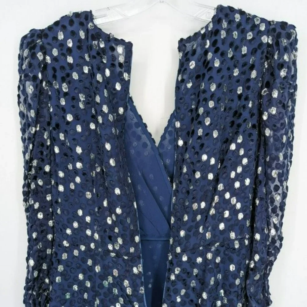Kate Spade Scatter Dot Dress 6 Navy Silver Faux Wrap Ruffle Velvet Long Sleeve